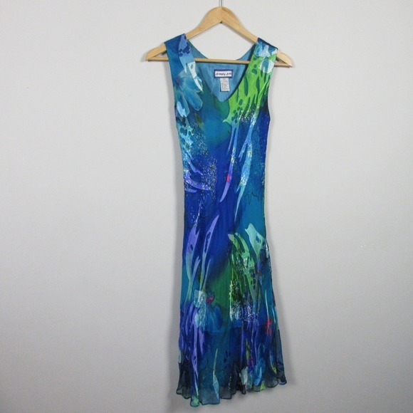 Simply Silk Watercolor Silk Vacation Dress S Blue Art Ruffle Hem Vtg y2k 124 - Picture 1 of 11